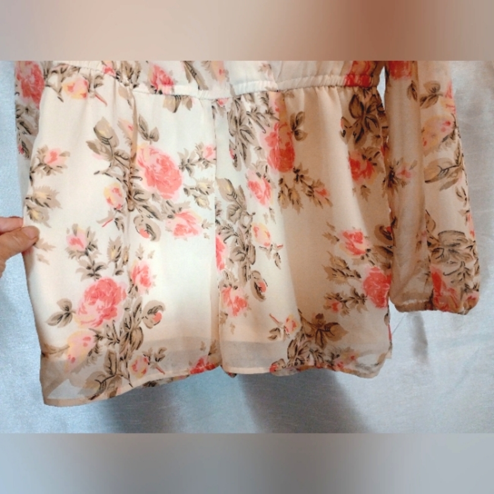 Wet Seal Vintage Romper, Long Sleeve Orange/Ivory/Green See thru Floral, L - Picture 6 of 13